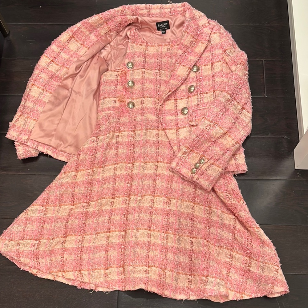 Kids Chic Pink Plaid Tweed Coat and Dress Set